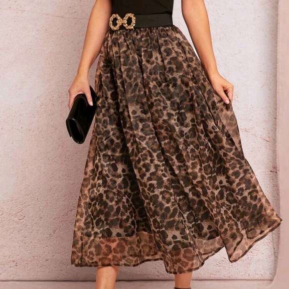 Women's Elegant Brown Leopard Print Organza-Knitted Elastic Waist A-Line Skirt
